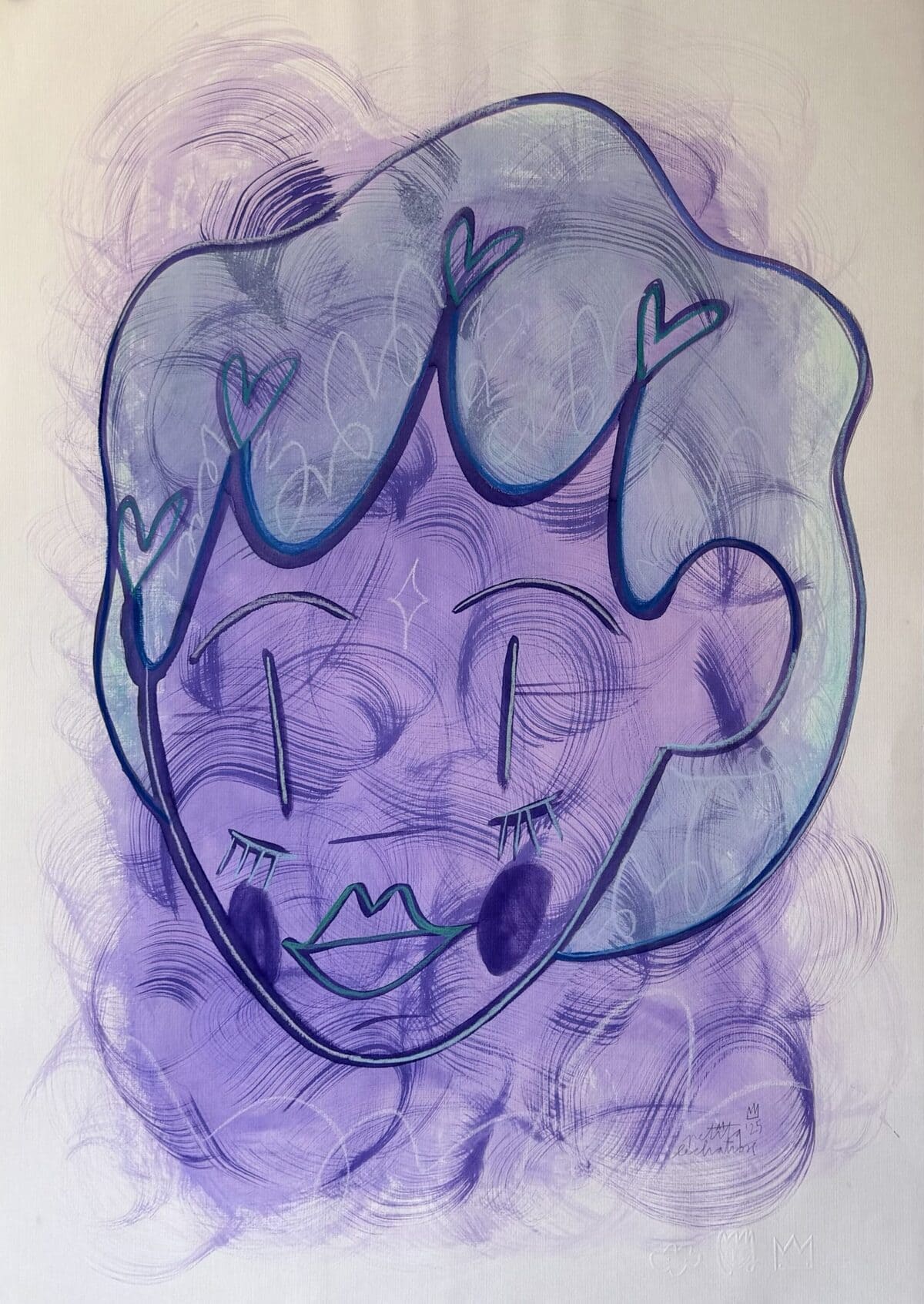 Calma, obra original de Petita Lechatrose realizada en técnica mixta sobre papel. Un retrato de tonos azules y lilas que transmite serenidad, introspección y el encuentro entre la inocencia y la sabiduría.
