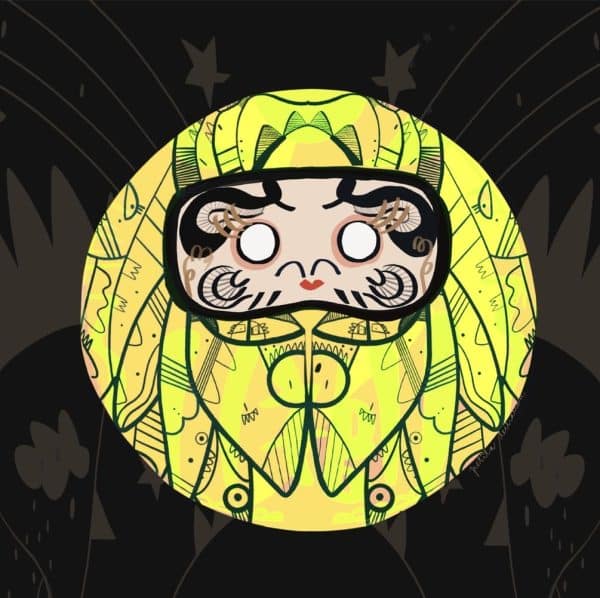 Ilustración contemporánea de un Daruma amarillo inspirada en la tradición japonesa, símbolo de prosperidad, éxito y confianza, realizada por Petita Lechatrose.