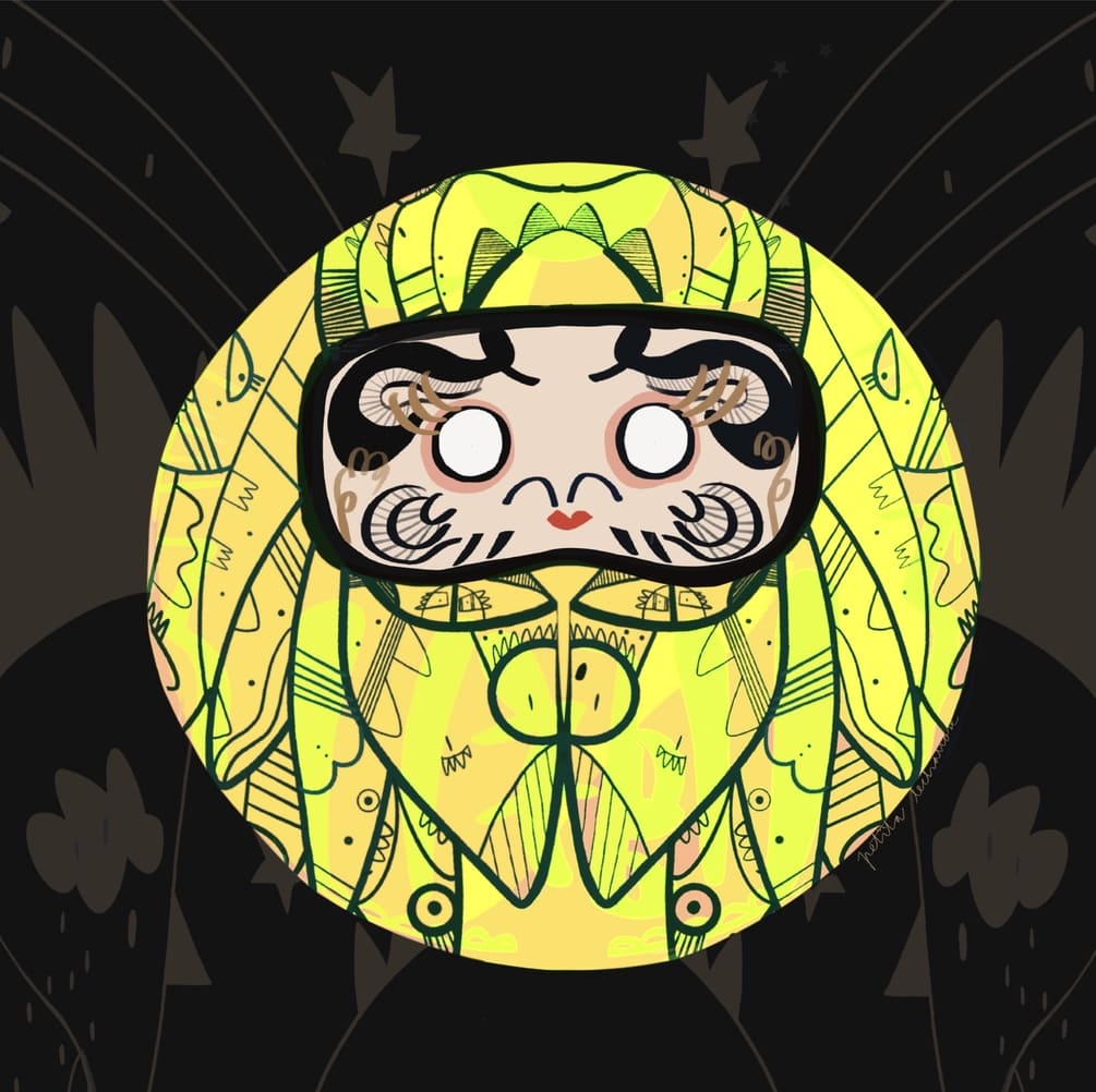 Ilustración contemporánea de un Daruma amarillo inspirada en la tradición japonesa, símbolo de prosperidad, éxito y confianza, realizada por Petita Lechatrose.