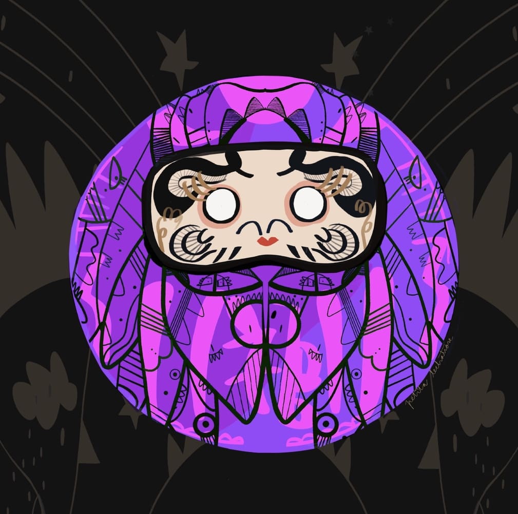 Ilustración contemporánea de un Daruma lila inspirada en la tradición japonesa, símbolo de creatividad, espiritualidad e inspiración, realizada por Petita Lechatrose.