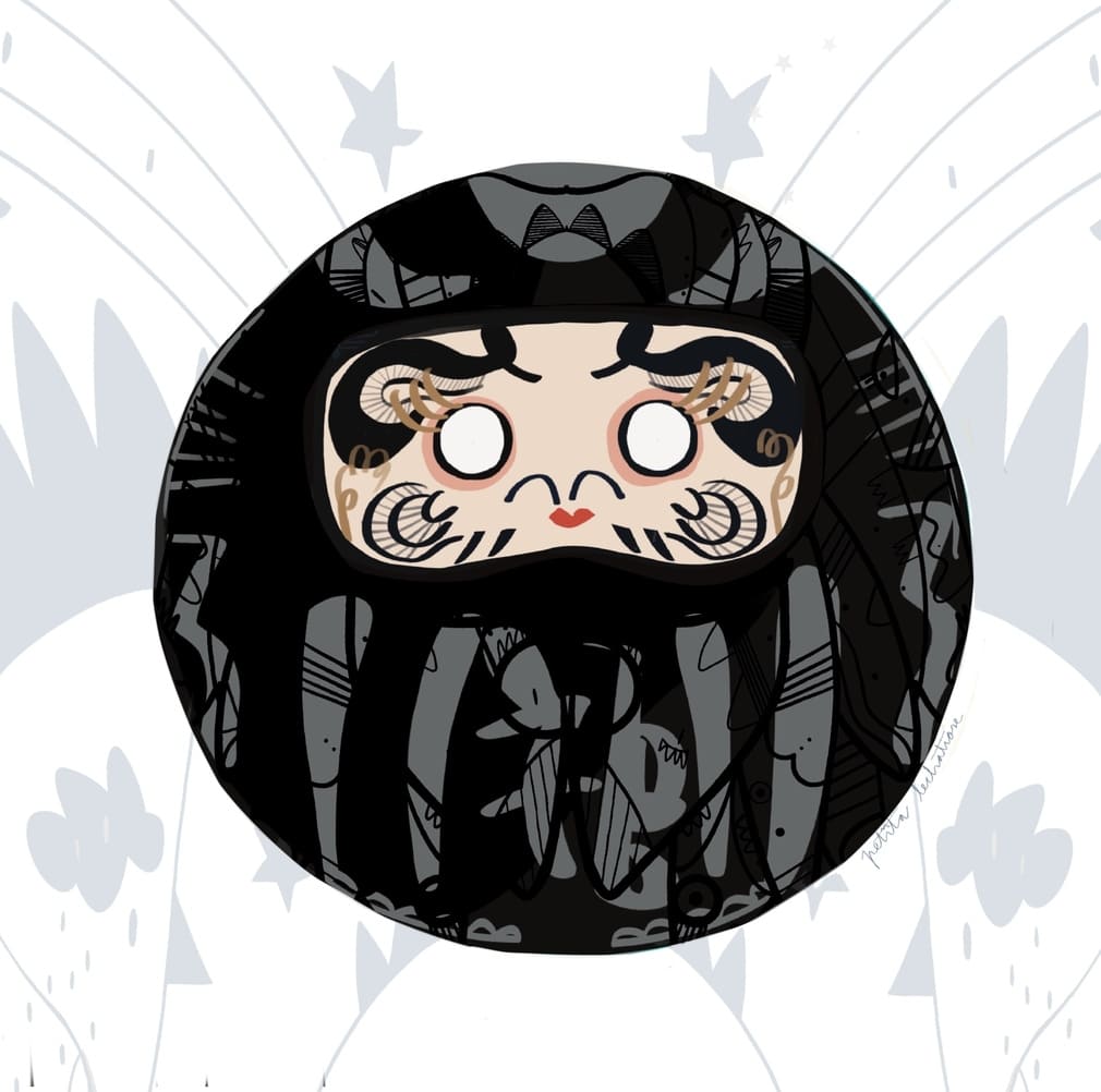 Ilustración contemporánea de un Daruma negro inspirada en la tradición japonesa, símbolo de protección, fortaleza y perseverancia, realizada por Petita Lechatrose.