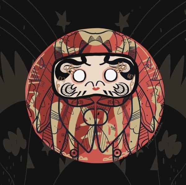 Ilustración contemporánea de un Daruma rojo inspirada en la tradición japonesa, símbolo de perseverancia, suerte y nuevos comienzos, realizada por Petita Lechatrose.