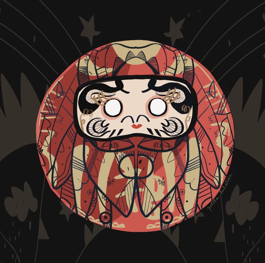 Ilustración contemporánea de un Daruma rojo inspirada en la tradición japonesa, símbolo de perseverancia, suerte y nuevos comienzos, realizada por Petita Lechatrose.