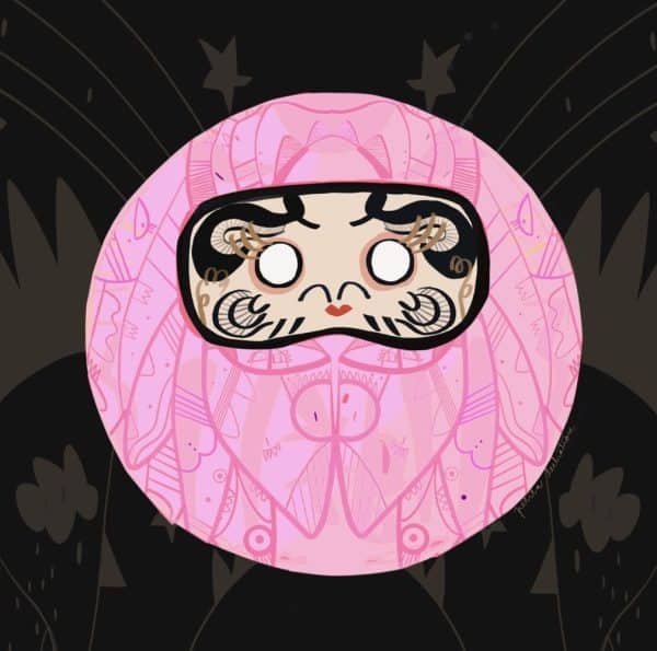 Ilustración contemporánea de un Daruma rosa inspirada en la tradición japonesa, símbolo de amor, armonía y afecto, realizada por Petita Lechatrose.