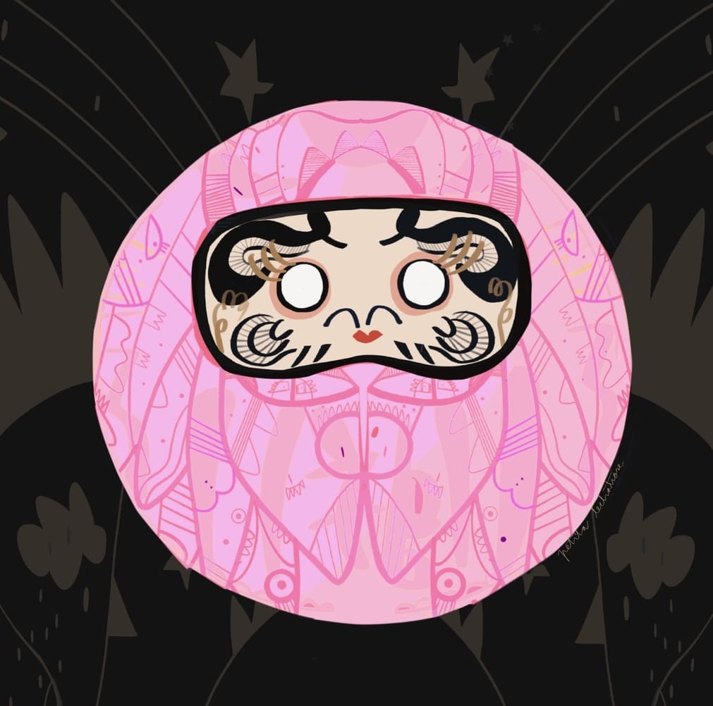 Ilustración contemporánea de un Daruma rosa inspirada en la tradición japonesa, símbolo de amor, armonía y afecto, realizada por Petita Lechatrose.