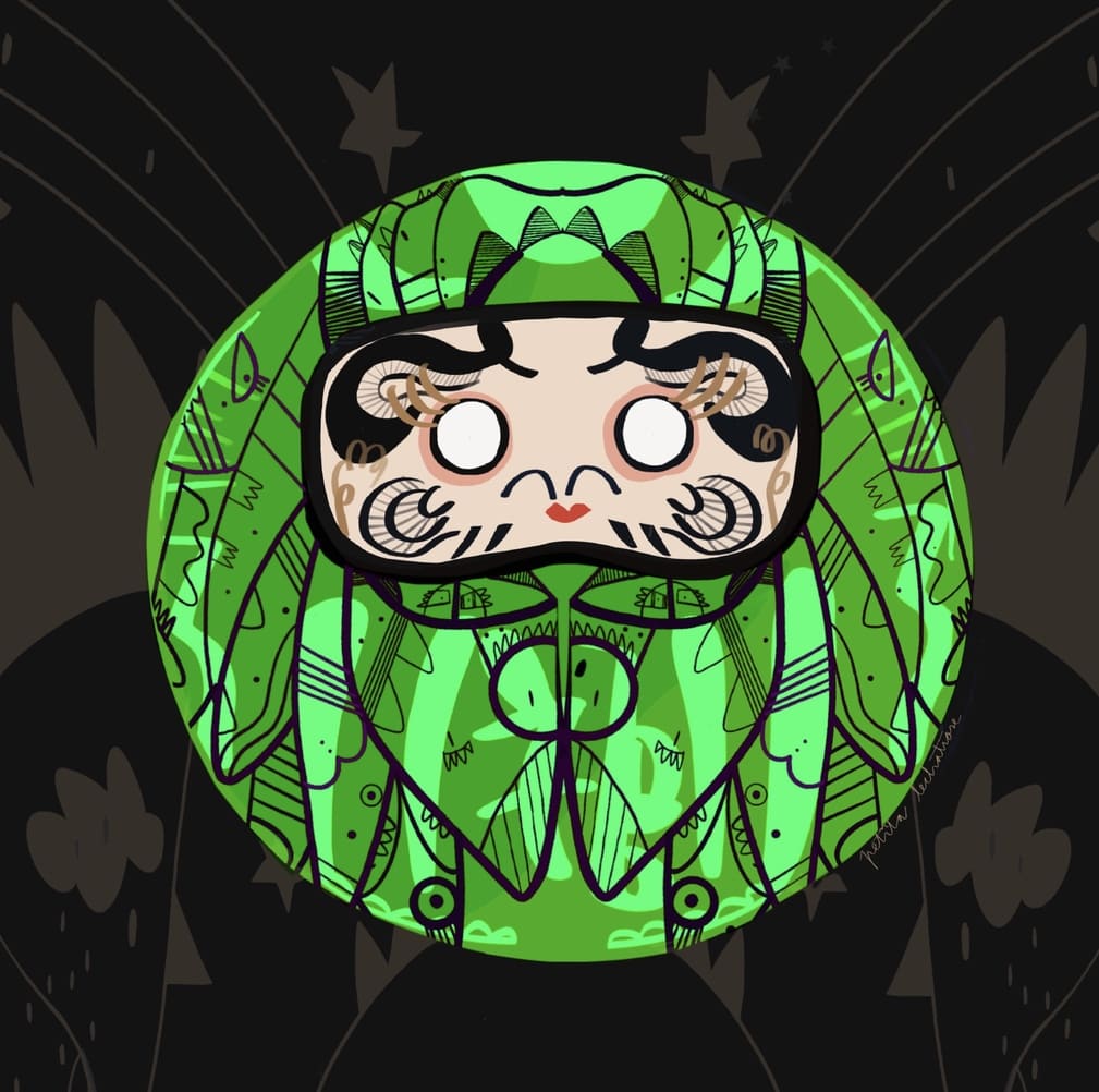 Ilustración contemporánea de un Daruma verde inspirada en la tradición japonesa, símbolo de salud, crecimiento y equilibrio, realizada por Petita Lechatrose.