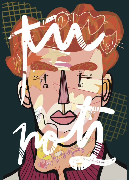 Tu pots, ilustración digital de Petita Lechatrose. Retrato contemporáneo con la frase ‘Tu pots’ sobre el rostro, que simboliza la fuerza interior, la confianza, la valentía y la superación personal.