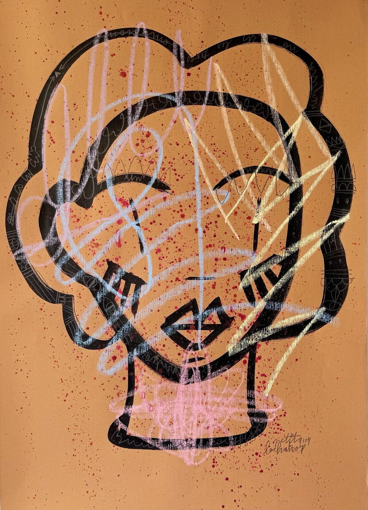 Emociones, obra original de Petita Lechatrose realizada en técnica mixta sobre papel. Un retrato expresivo con líneas negras y colores superpuestos que simboliza la intensidad emocional, la introspección y la fuerza interior.