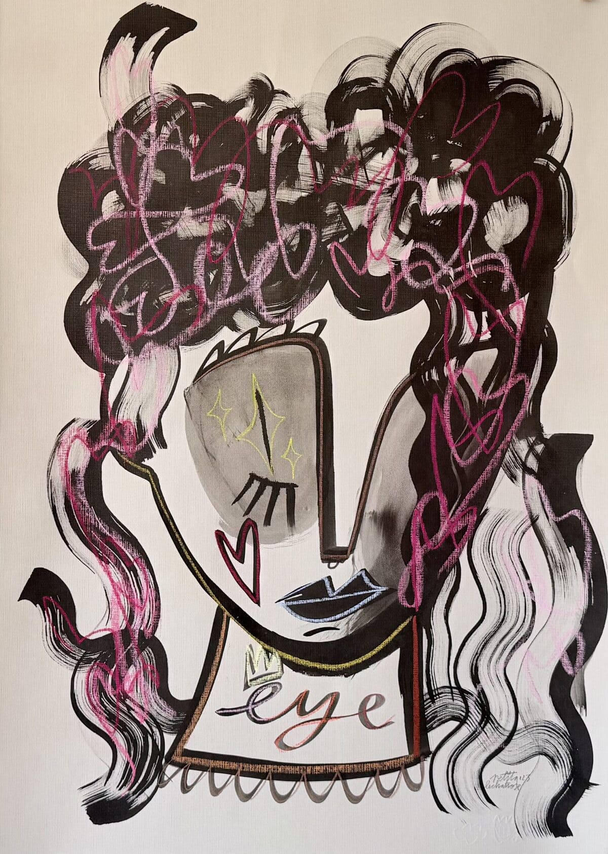 Eye, obra original de Petita Lechatrose realizada en tinta y pastel sobre papel Guarro Casas. Un retrato femenino con un ojo abierto rodeado de formas orgánicas que simbolizan la conciencia, la intuición y la mirada interior.