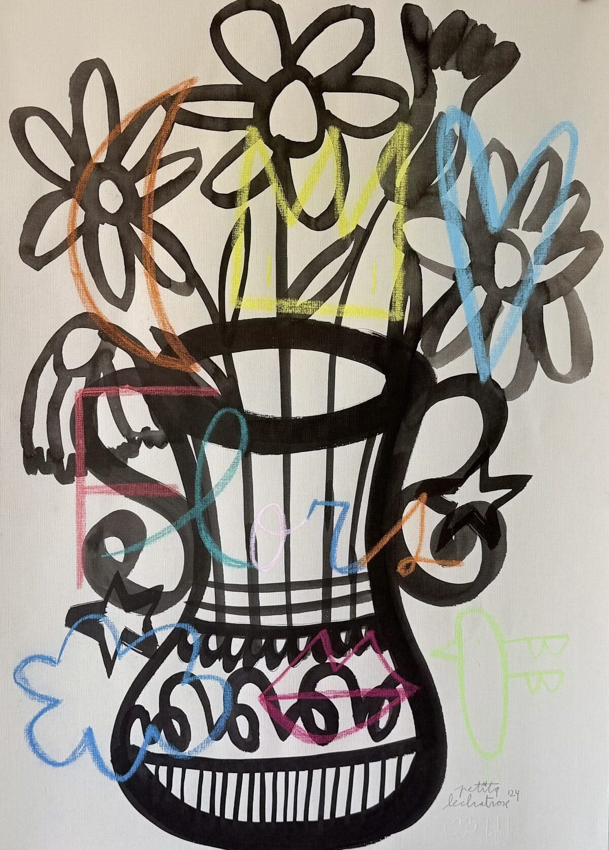 Flores, obra original de Petita Lechatrose realizada en tinta china y pastel sobre papel Guarro Casas. Un bodegón contemporáneo con un jarrón rodeado de símbolos como una luna, un pájaro, un corazón y un ojo que representan emociones, libertad, amor y conciencia.