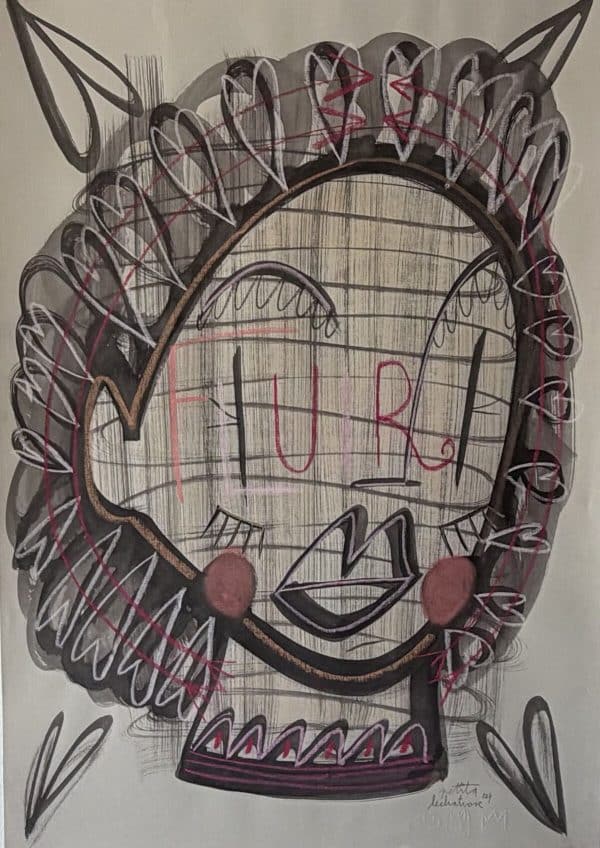 Fluir, obra original de Petita Lechatrose realizada en tinta y pastel sobre papel Guarro Casas. Un retrato con los ojos abiertos y líneas fluidas que simboliza la presencia, el equilibrio y la confianza en el proceso de la vida.
