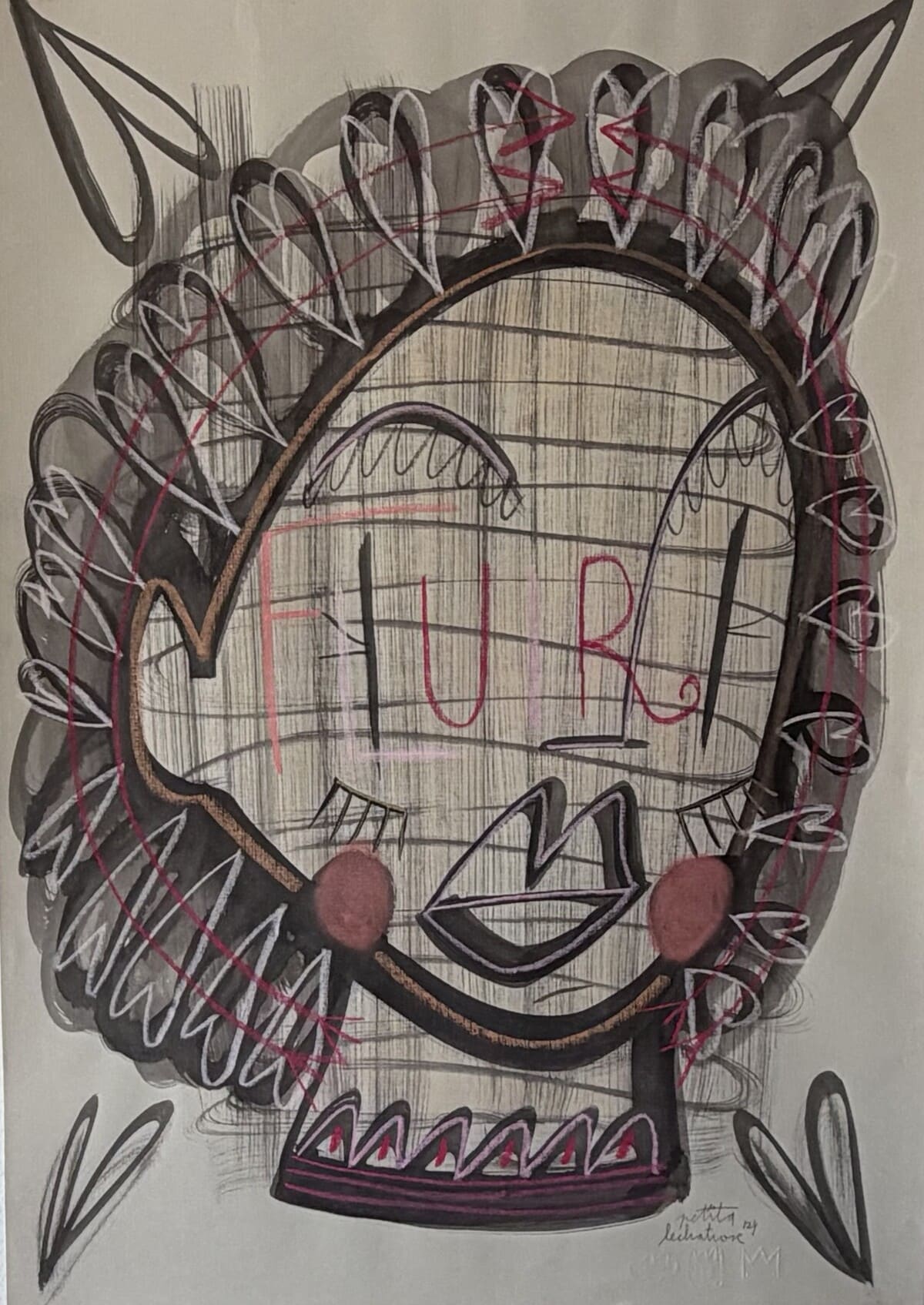 Fluir, obra original de Petita Lechatrose realizada en tinta y pastel sobre papel Guarro Casas. Un retrato con los ojos abiertos y líneas fluidas que simboliza la presencia, el equilibrio y la confianza en el proceso de la vida.