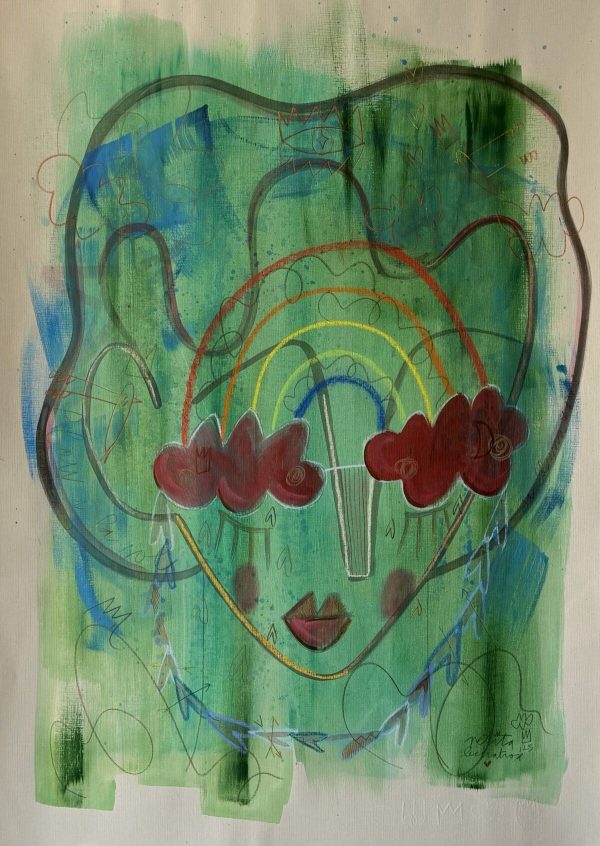 Llueve y hace sol, obra original de Petita Lechatrose realizada en tinta y pastel sobre papel Guarro. Un retrato de rostro verde con nubes rojas sobre los ojos, un arcoíris y corazones que simbolizan la transformación emocional, la esperanza y la fortaleza interior.