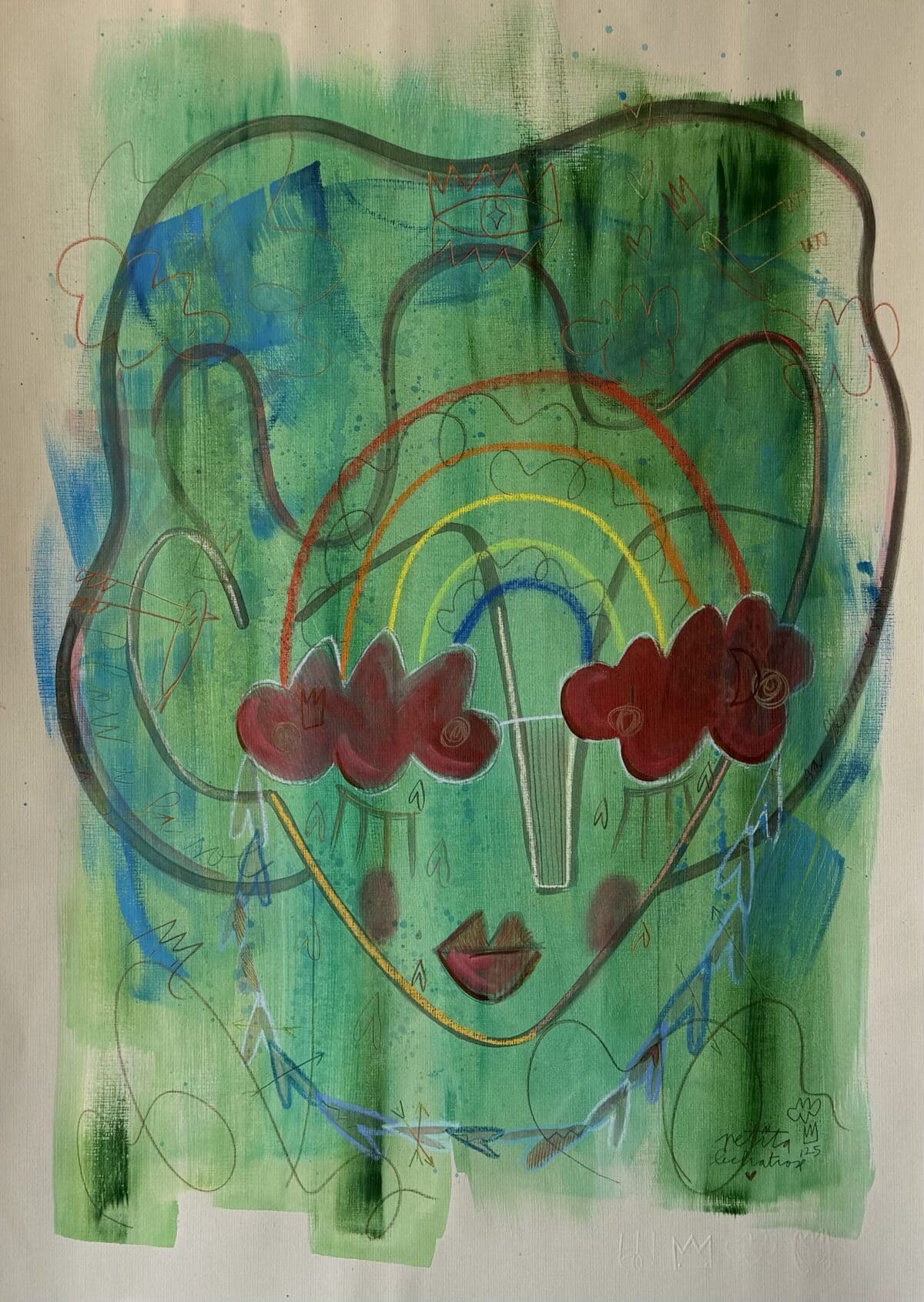 Llueve y hace sol, obra original de Petita Lechatrose realizada en tinta y pastel sobre papel Guarro. Un retrato de rostro verde con nubes rojas sobre los ojos, un arcoíris y corazones que simbolizan la transformación emocional, la esperanza y la fortaleza interior.
