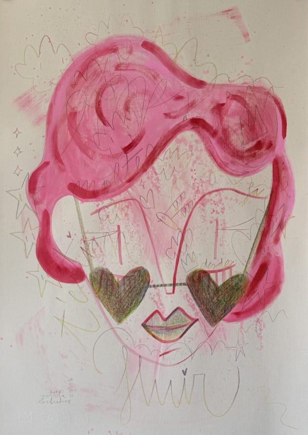 Te amo desde hace muchas vidas, obra original de Petita Lechatrose realizada en tinta y pastel sobre papel Guarro Casas. Un retrato de tonos rosados y rojos con ojos en forma de corazón que simboliza el amor eterno, la conexión profunda y la memoria del corazón.