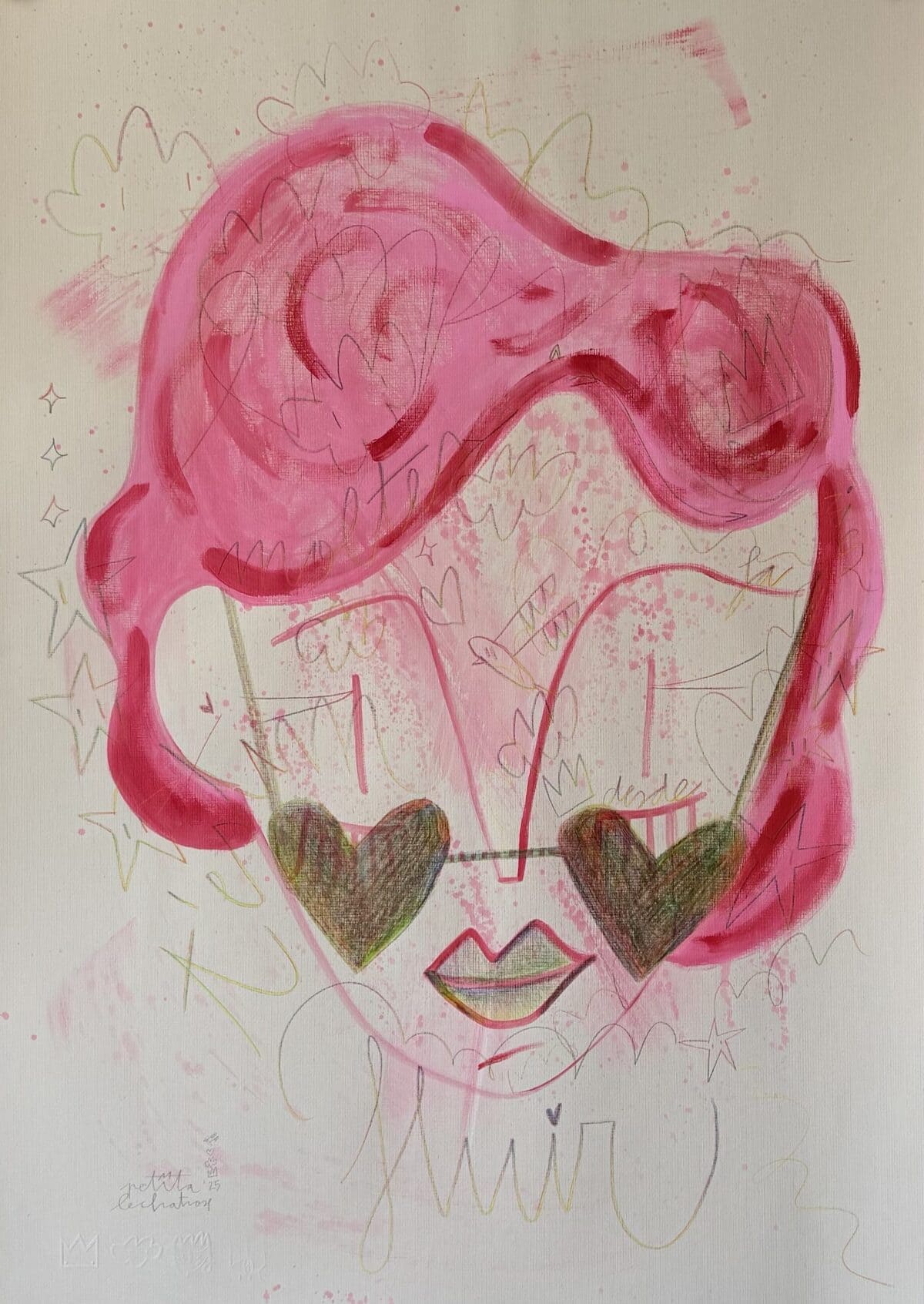Te amo desde hace muchas vidas, obra original de Petita Lechatrose realizada en tinta y pastel sobre papel Guarro Casas. Un retrato de tonos rosados y rojos con ojos en forma de corazón que simboliza el amor eterno, la conexión profunda y la memoria del corazón.
