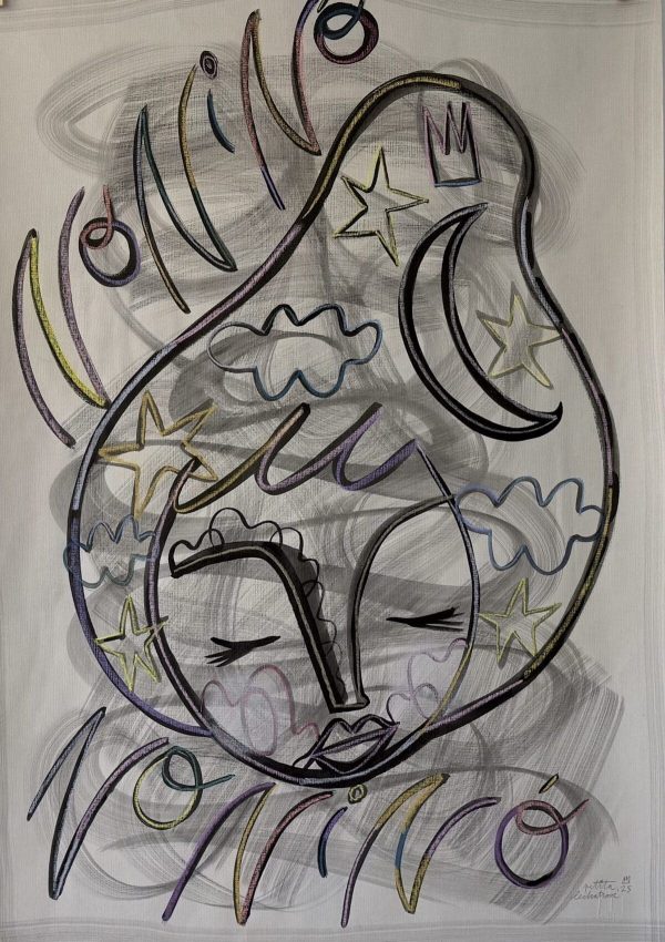 Noninó, obra original de Petita Lechatrose. Retrato de un rostro con los ojos cerrados en tinta y pastel sobre papel Guarro, rodeado de lunas y estrellas que simbolizan la calma, el amor y la protección.