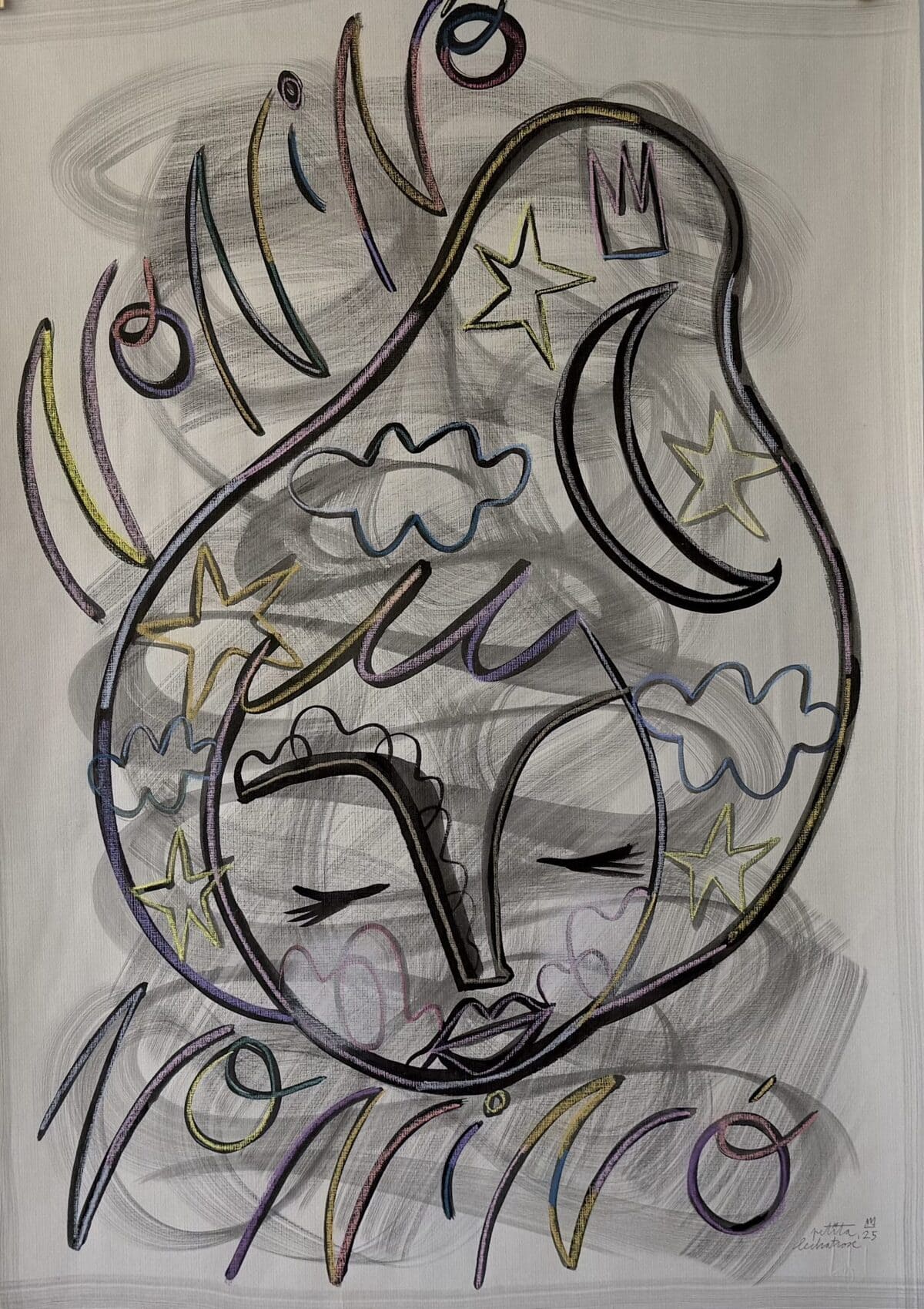 Noninó, obra original de Petita Lechatrose. Retrato de un rostro con los ojos cerrados en tinta y pastel sobre papel Guarro, rodeado de lunas y estrellas que simbolizan la calma, el amor y la protección.