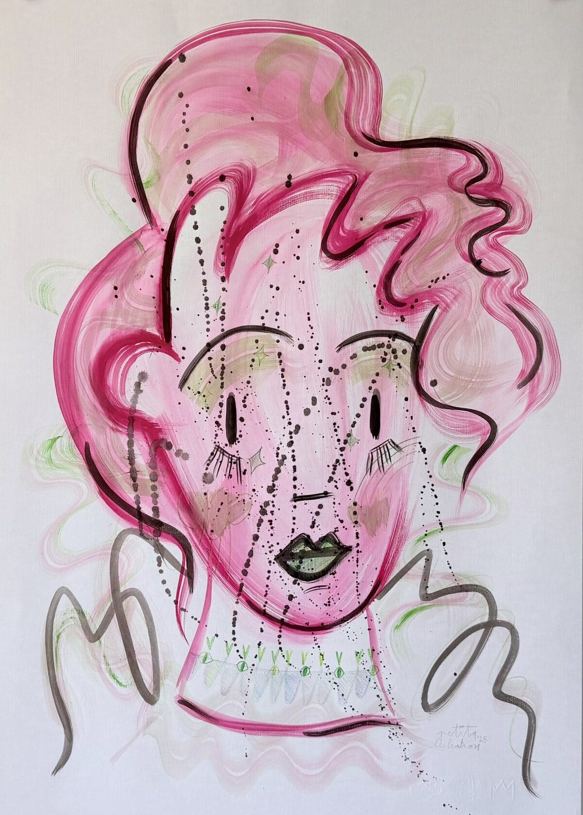 Semilla, obra original de Petita Lechatrose realizada en tinta y pastel sobre papel Guarro Casas. Retrato contemporáneo de una mujer rodeada de formas orgánicas en tonos rosados y verdes que simbolizan el origen, la transformación y el potencial de un nuevo comienzo.